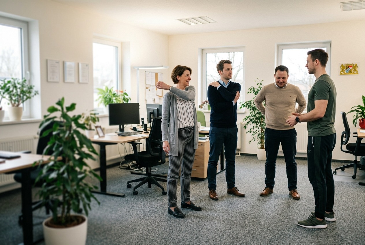 Team bespricht eine kurze Bewegungspause im Büro, angeleitet von einem Trainer
