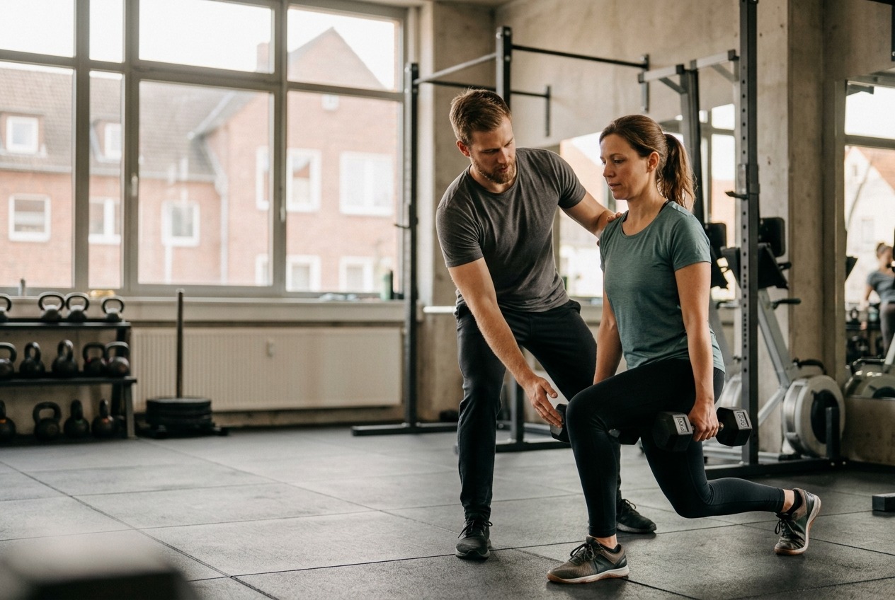 Personal Trainer korrigiert die Technik einer Klientin bei einem Ausfallschritt mit Kurzhanteln im Fitnessstudio